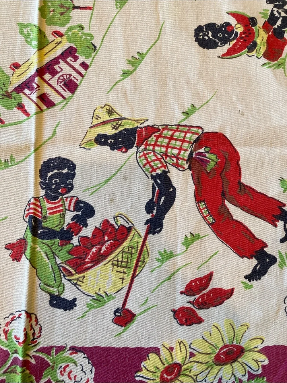 Vintage African Americana Cotton Tablecloth Rare Mammy & Family‎ Work On Farm